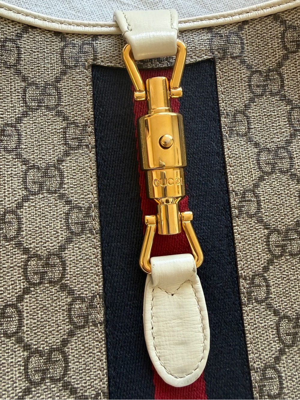 Gucci GG Canvas Shoulder Bag with Cream Leather and Red-Blue Web - Picture 7 of 8